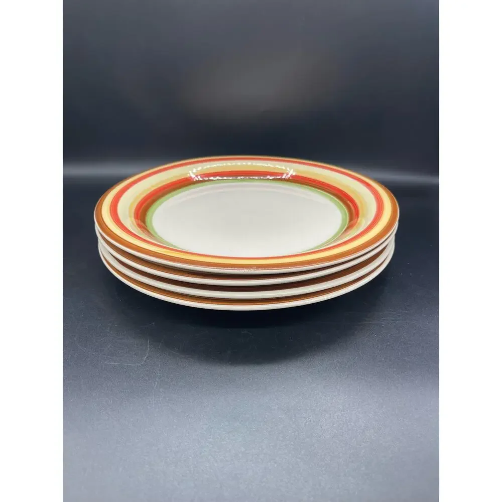 Vintage Pier 1 Hand Painted Stoneware Set of 4 Dinner Plates Sienna Stripes